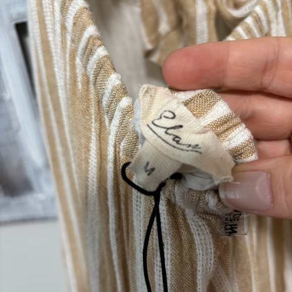 Elan Tan White Sassy Stripe Linen Blend Spaghetti Strap Back Tie Maxi Dress NWT - Picture 13 of 14